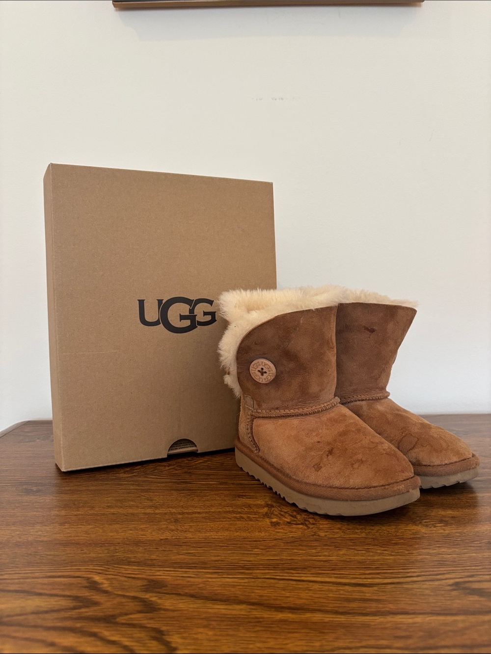 UGG Chestnut Suede Button Short Boots with Shearling